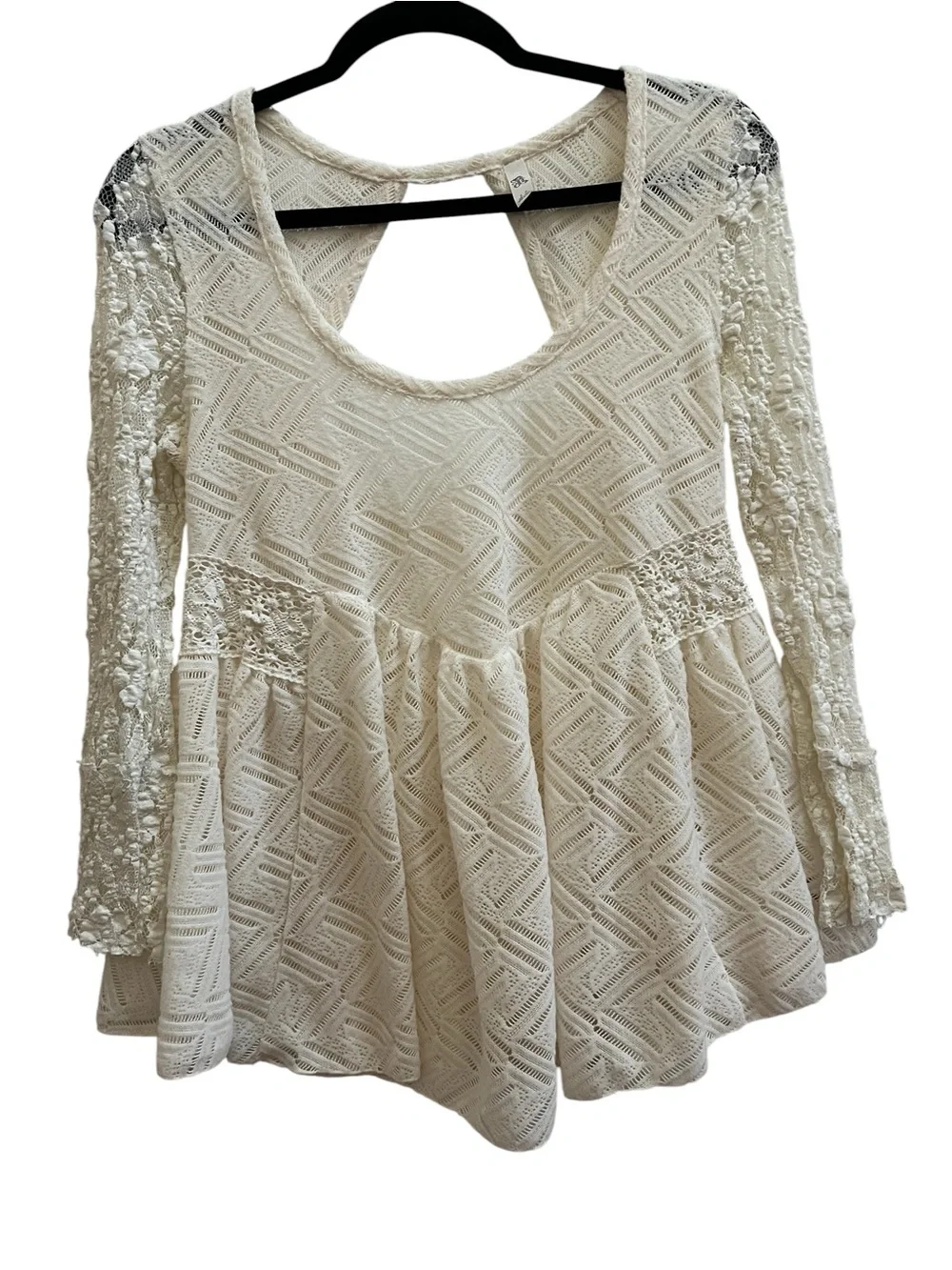 Free People Ivory Lace Sleeve Babydoll Peplum Top Open Back Boho S Fairycore